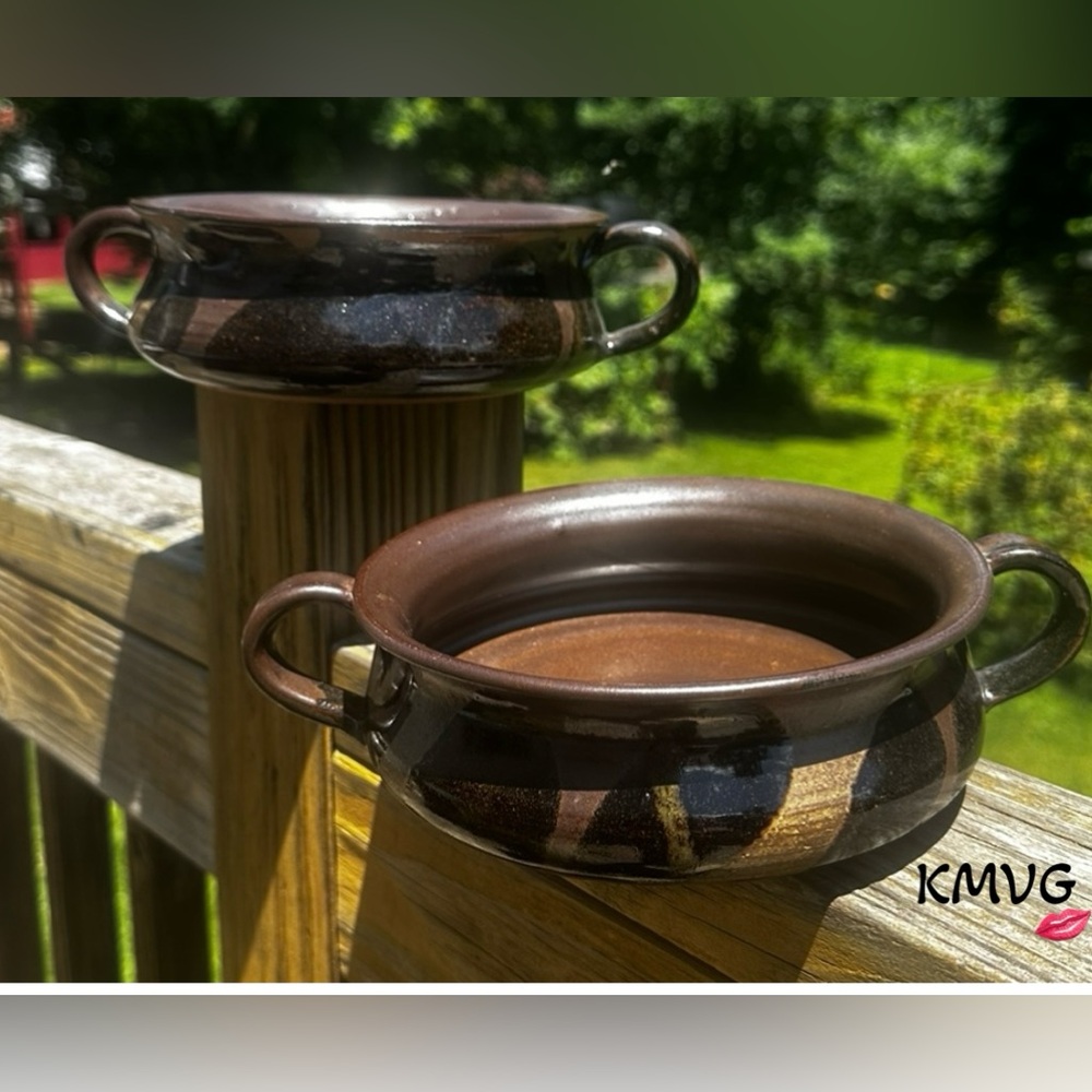 Vintage Handmade Studio Pottery Artist Signed Soup Bowls W/Handles Set of 2